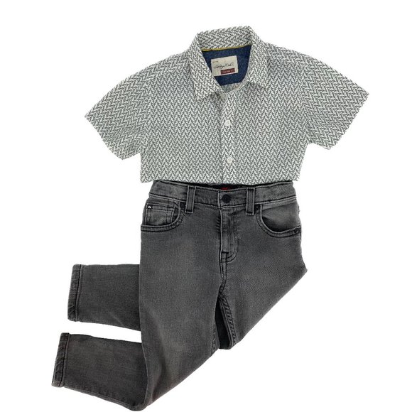 SOVEREIGN CODE Pattern Button Up Short Sleeve Shirt + QUIKSILVER Grey Jeans - Picture 1 of 16